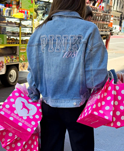Pink blue denim jacket - jacket, womens